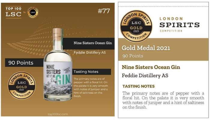 Nine Sisters Ocean Gin LSC Medals and shelf talker