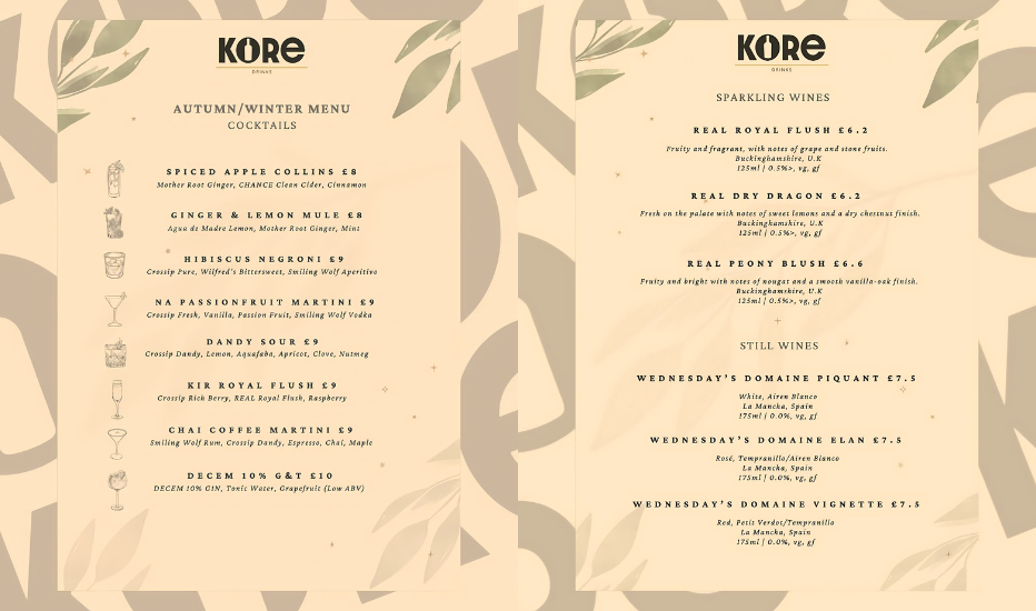 Kore Drinks - full menu