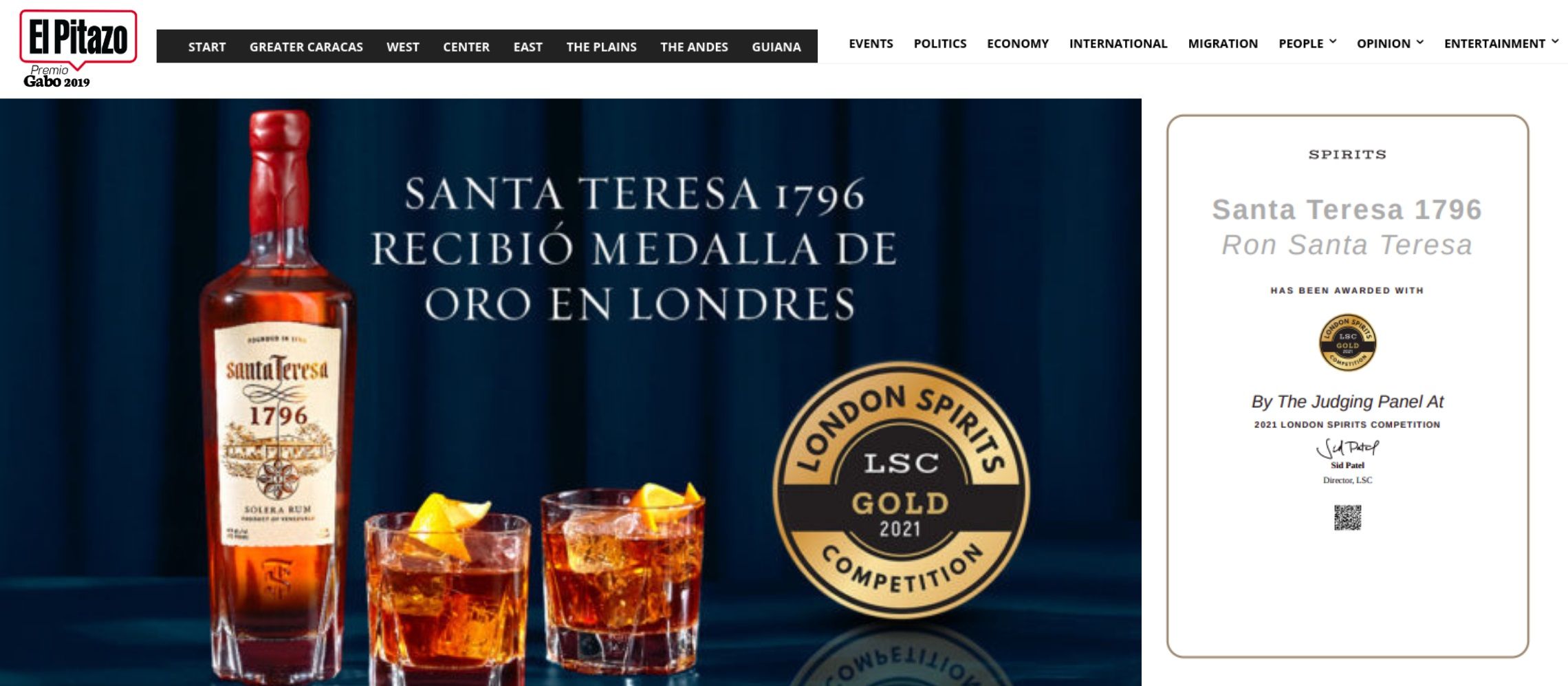 Photo for: Saint Teresa 1796 Received A Gold Medal At The London Spirits Competition